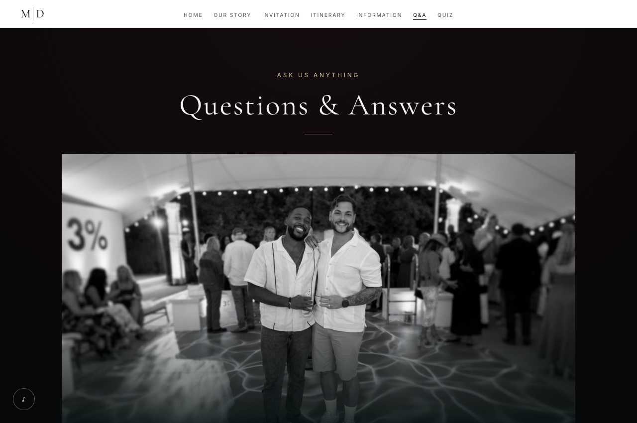 Matthew & Duane-Lamonte wedding website — Questions & Answers page